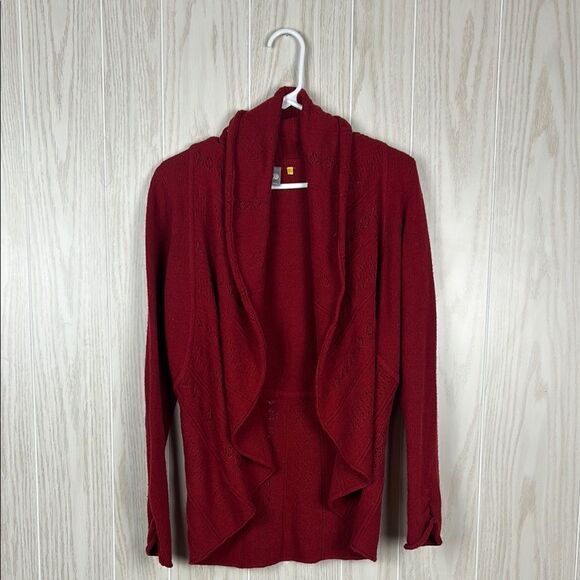 Anthropologie Knitted & Knotted Deep Red Eyelet Open Front Wool Blend Cardigan S - Picture 1 of 8